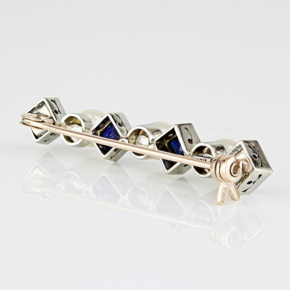 Vintage 13k White Gold Sapphire & Pearl Pin / Brooch - Picture 5 of 8